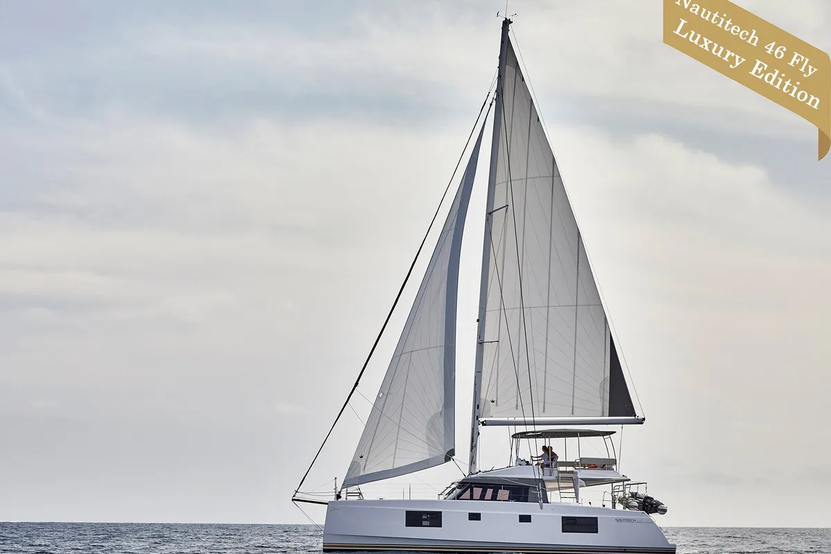 Exterior view of IQ, a Nautitech 46 Fly catamaran at Thira Municipal Unit, Greece