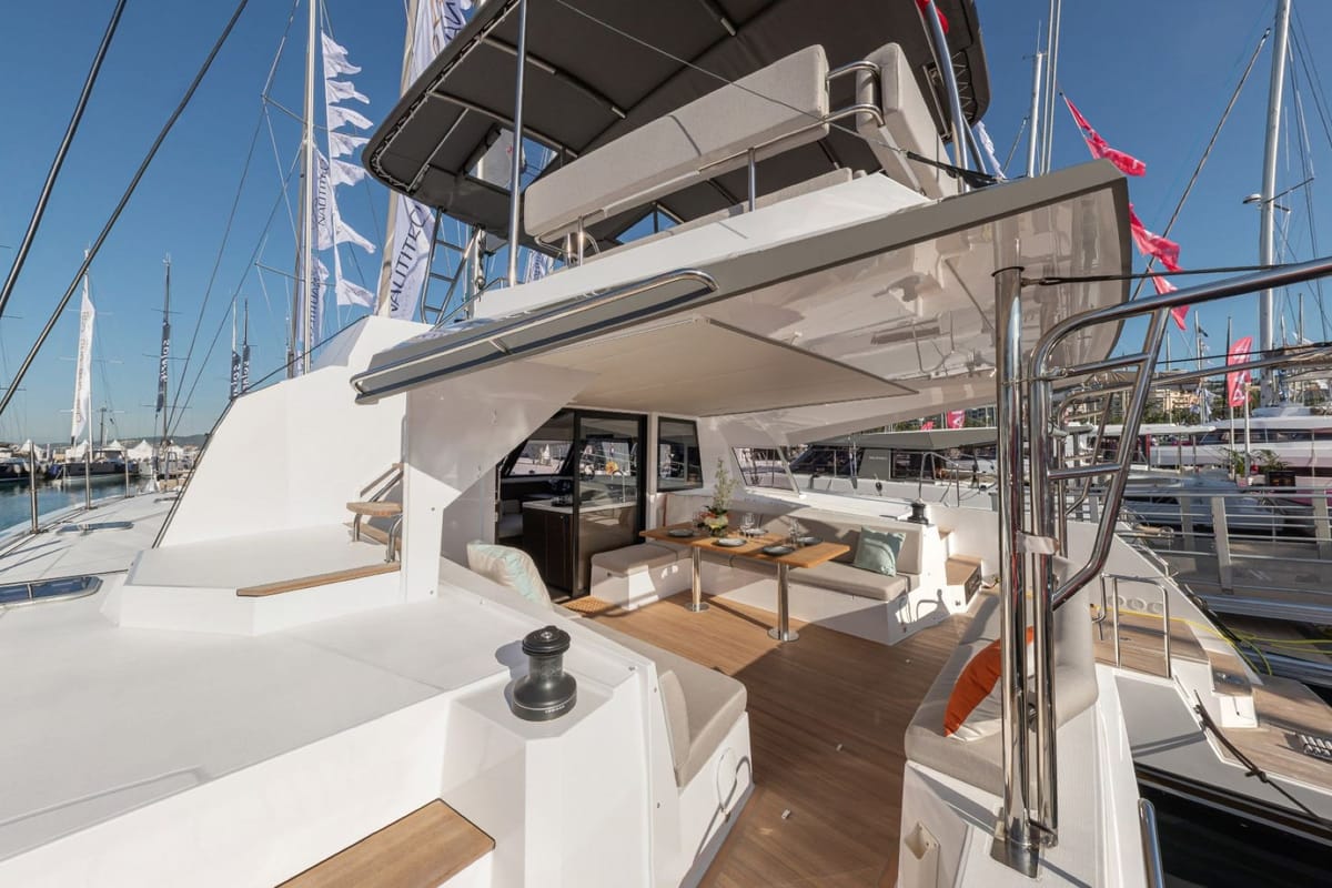Deck of IQ, a Nautitech 46 Fly catamaran at Thira Municipal Unit, Greece