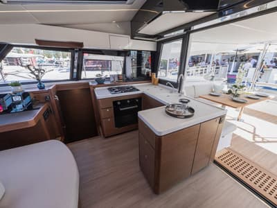 Galley of IQ, a Nautitech 46 Fly catamaran at Thira Municipal Unit, Greece