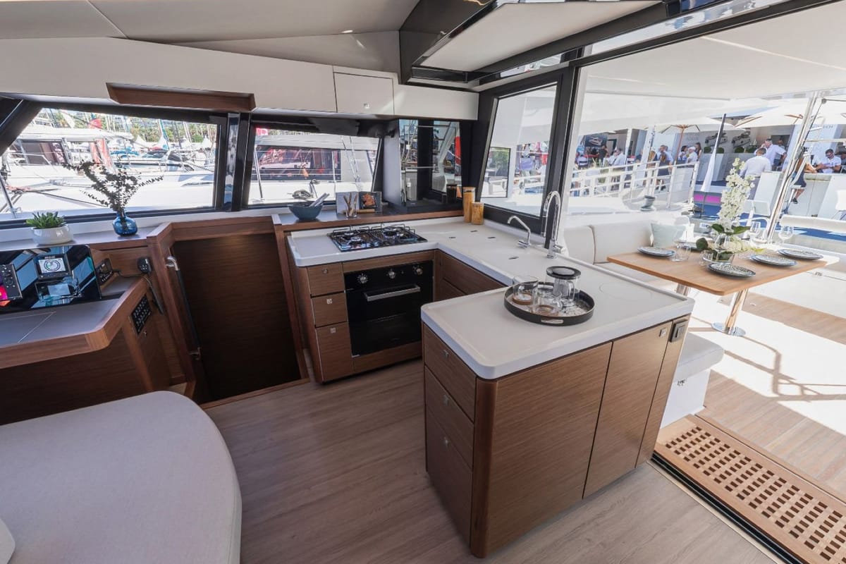 Galley of IQ, a Nautitech 46 Fly catamaran at Thira Municipal Unit, Greece
