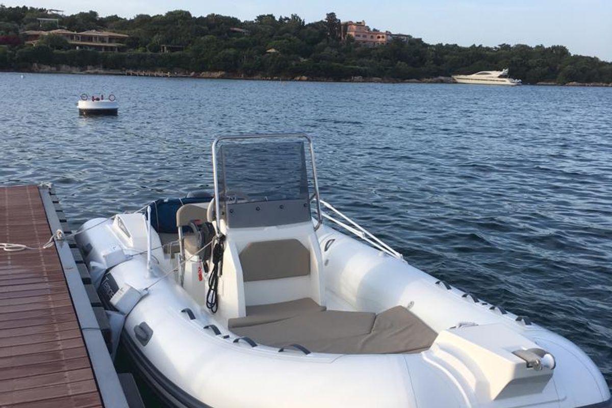 Exterior view of Cap 570, a Capelli Tempest 570 motorboat at Porto Cervo, Italy