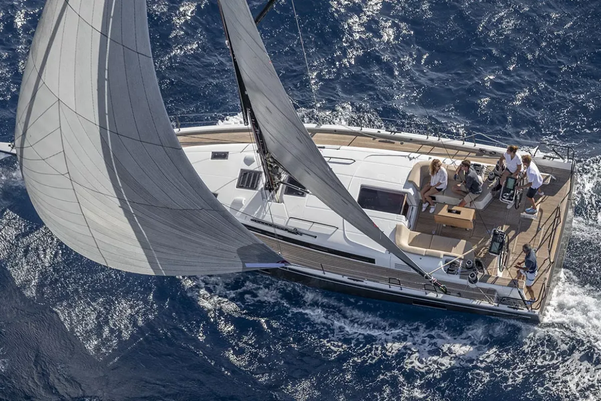 Exterior view of Kuroneko, a Beneteau First 44 sailboat at Lavreotiki Municipal Unit, Greece
