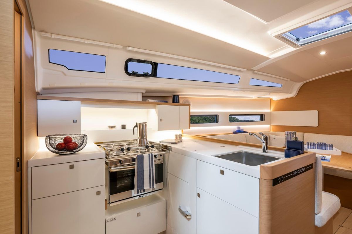 Galley of Akita, a Jeanneau Sun Odyssey 415 sailboat at Gouvia, Greece
