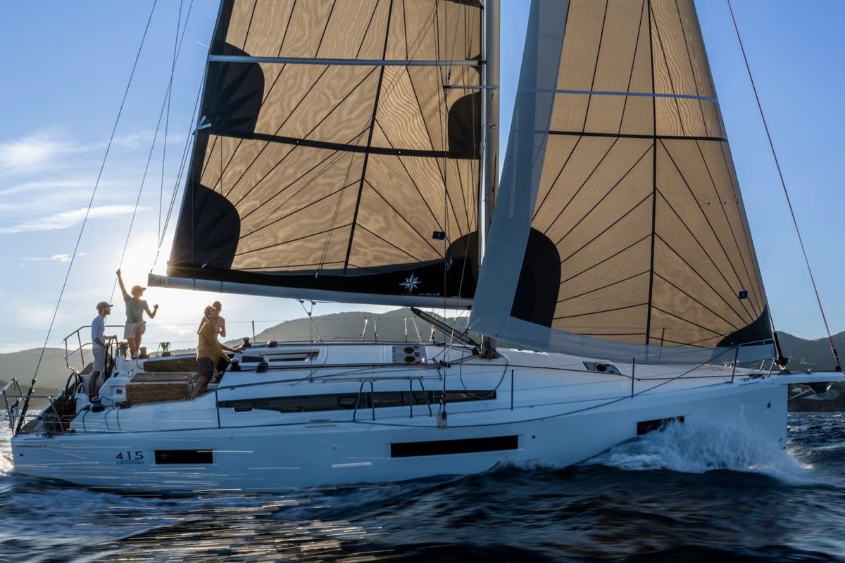 Exterior view of Akita, a Jeanneau Sun Odyssey 415 sailboat at Gouvia, Greece