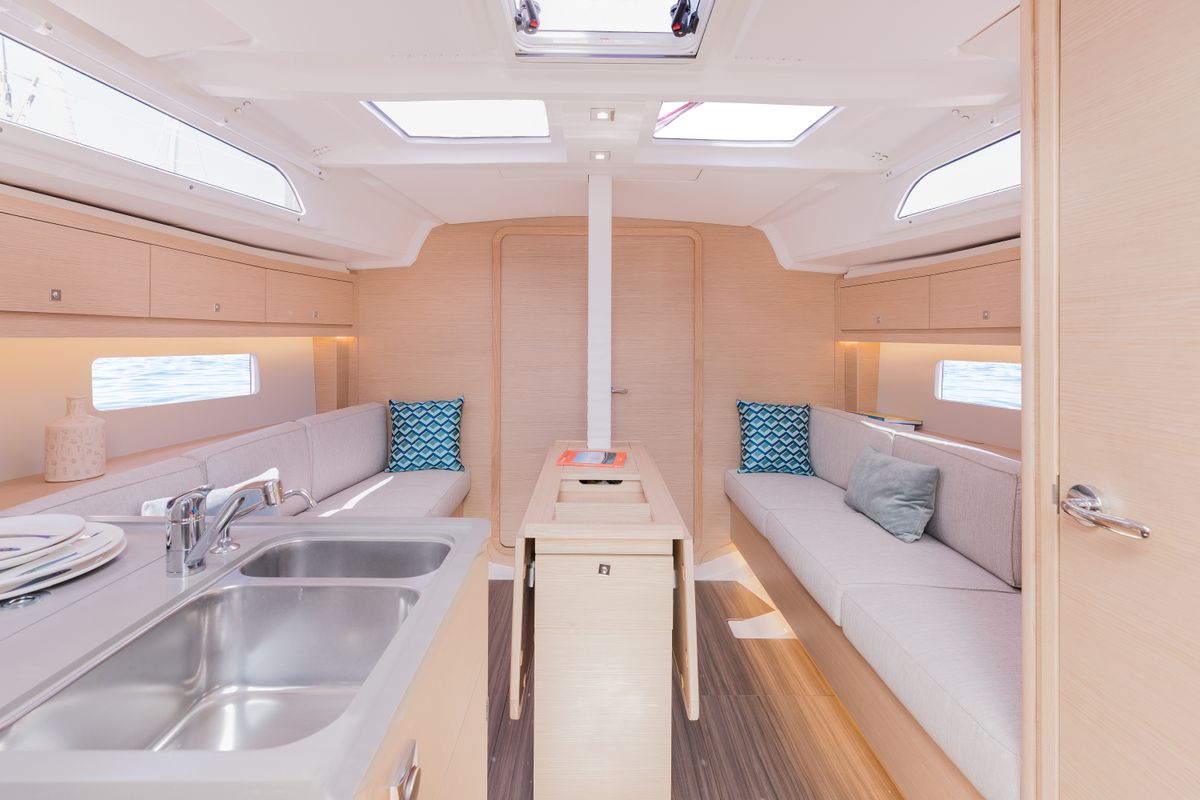 Salon of Sunsail 37.3 Premium Plus, a Dufour 37 sailboat at Municipal Unit of Lefkada, Greece