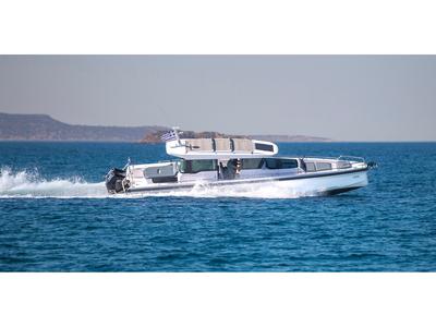 Exterior view of EVA II, a Axopar 37 XC Cross Cabin motorboat at Piraeus, Greece