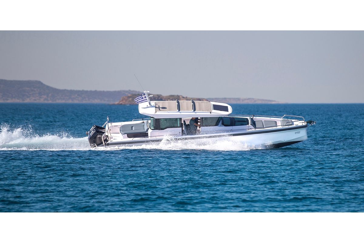Exterior view of EVA II, a Axopar 37 XC Cross Cabin motorboat at Piraeus, Greece