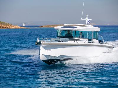 Exterior view of EVA II, a Axopar 37 XC Cross Cabin motorboat at Piraeus, Greece