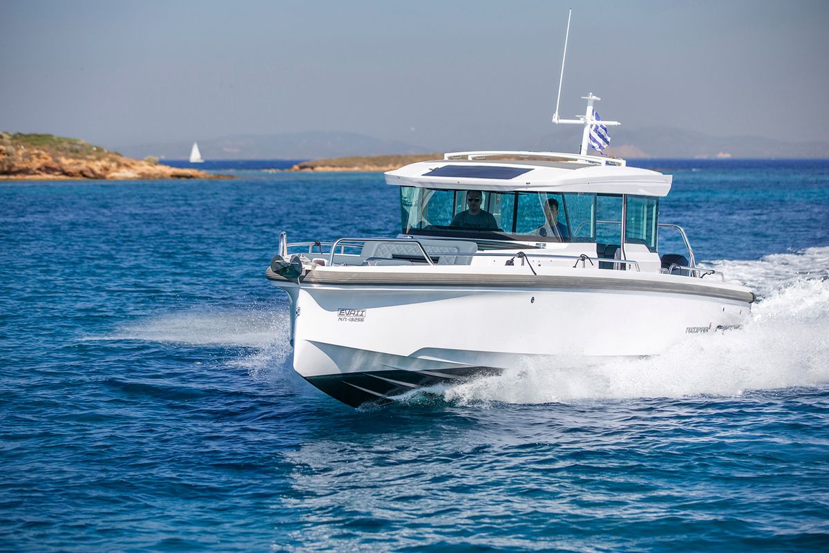 Exterior view of EVA II, a Axopar 37 XC Cross Cabin motorboat at Piraeus, Greece