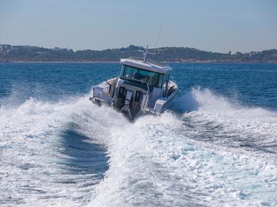 Exterior view of EVA II, a Axopar 37 XC Cross Cabin motorboat at Piraeus, Greece