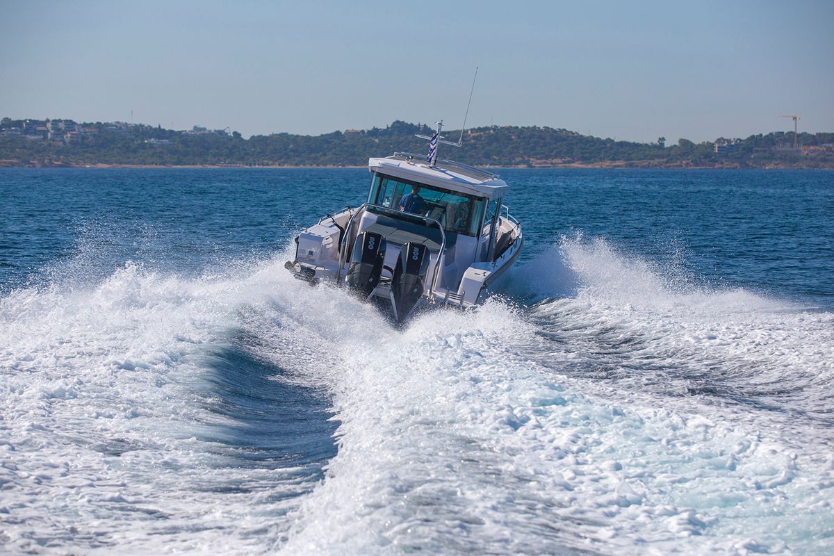 Exterior view of EVA II, a Axopar 37 XC Cross Cabin motorboat at Piraeus, Greece