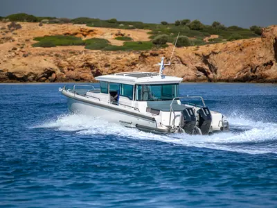 Exterior view of EVA II, a Axopar 37 XC Cross Cabin motorboat at Piraeus, Greece