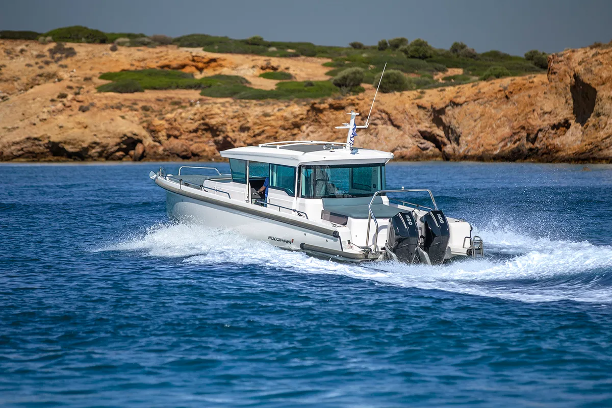 Exterior view of EVA II, a Axopar 37 XC Cross Cabin motorboat at Piraeus, Greece