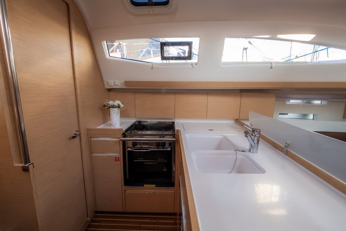 Galley of Maloi, a Elan Impression 40 sailboat at Grad Biograd na Moru, Croatia