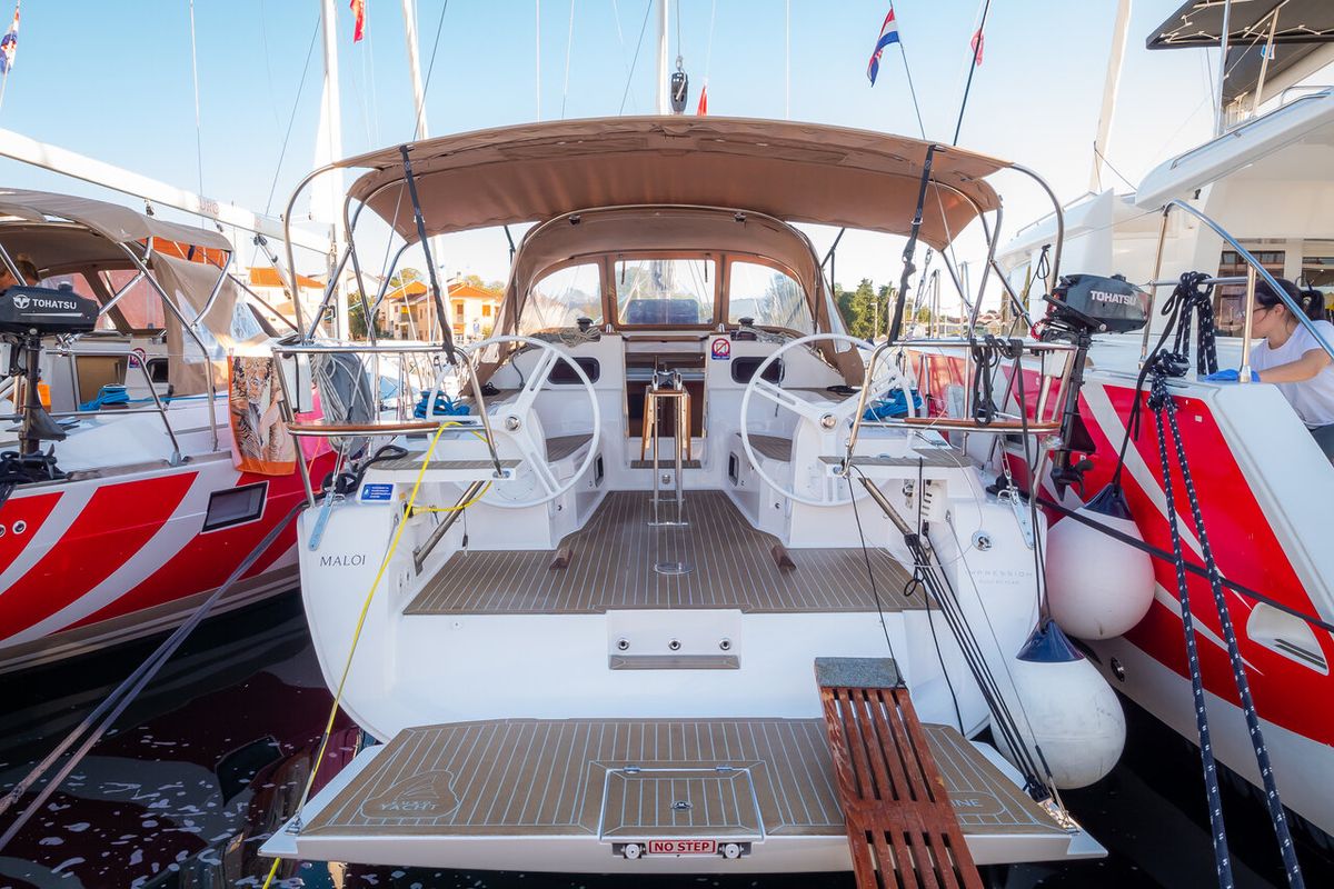 Exterior view of Maloi, a Elan Impression 40 sailboat at Grad Biograd na Moru, Croatia