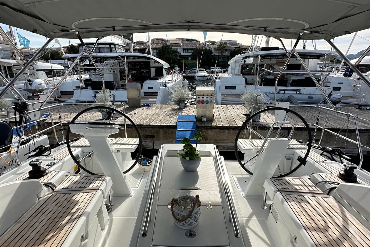 Cockpit of Moonraker, a Beneteau Oceanis 46.1 sailboat at Olbia, Italy