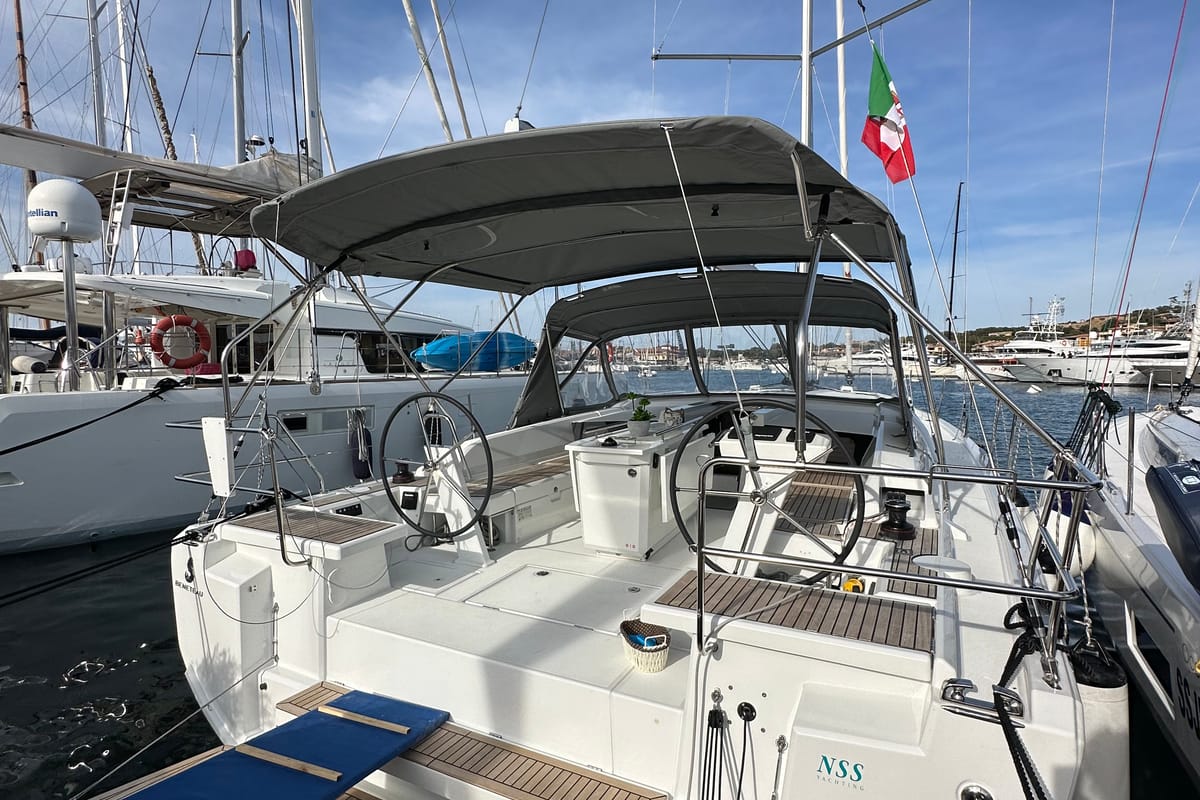 Exterior view of Moonraker, a Beneteau Oceanis 46.1 sailboat at Olbia, Italy