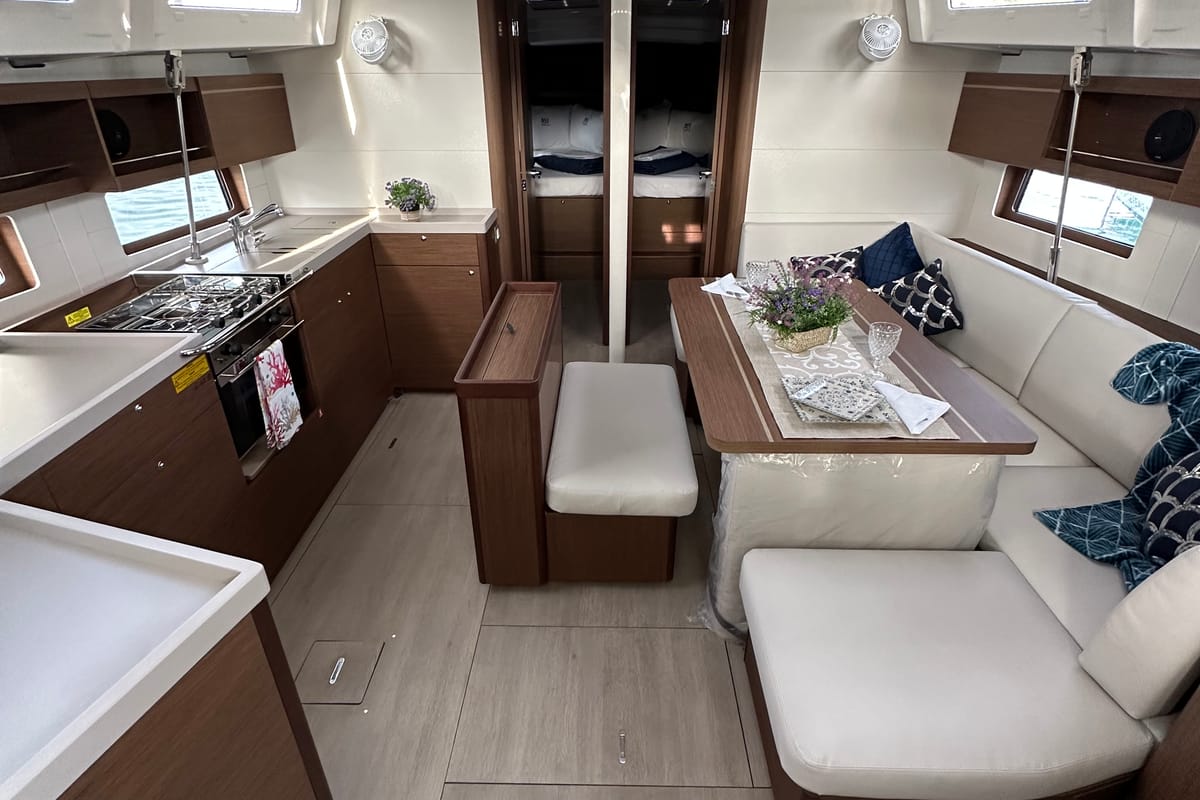 Salon of Moonraker, a Beneteau Oceanis 46.1 sailboat at Olbia, Italy