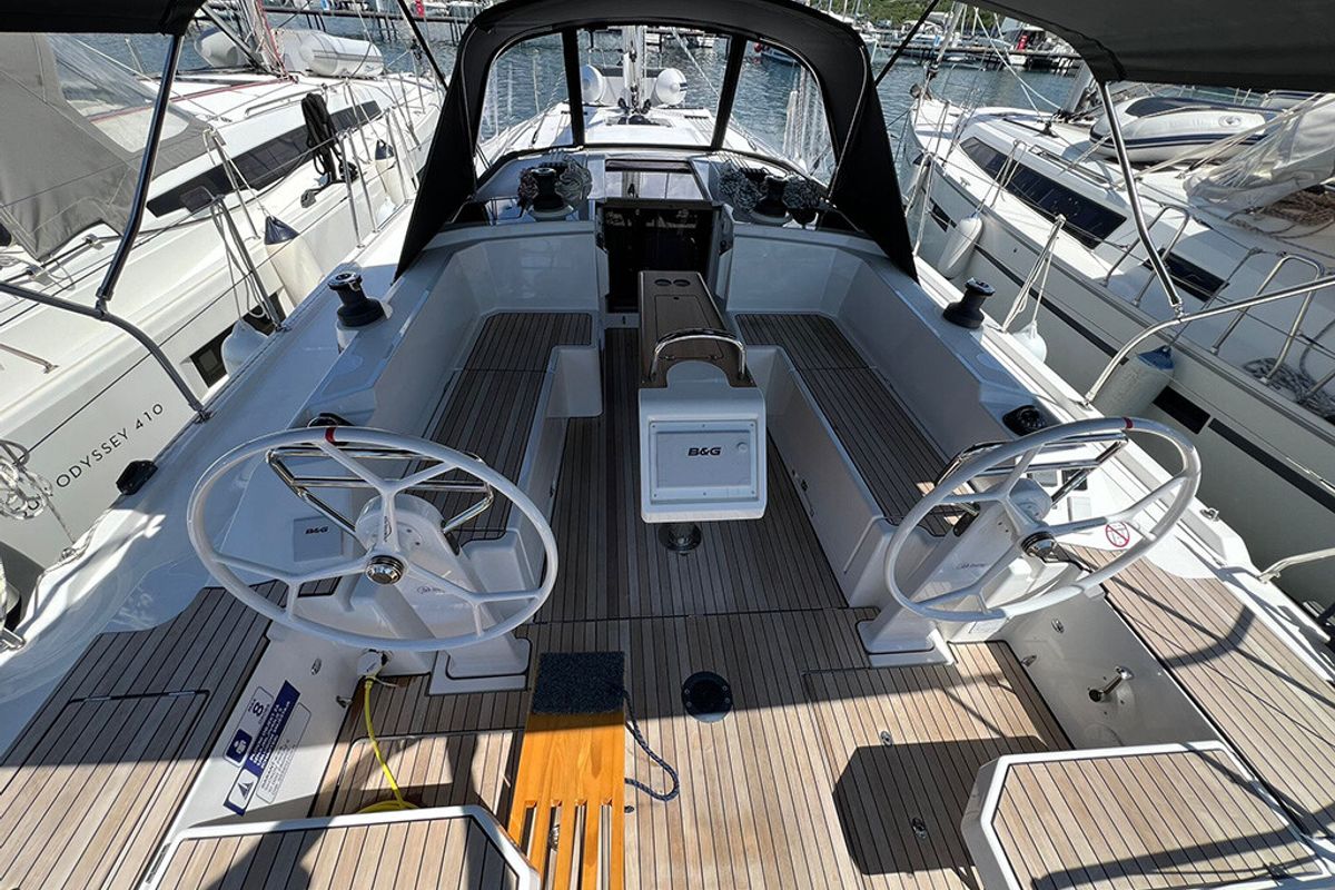 Cockpit of Moya, a Bavaria C38 sailboat at Split, Croatia