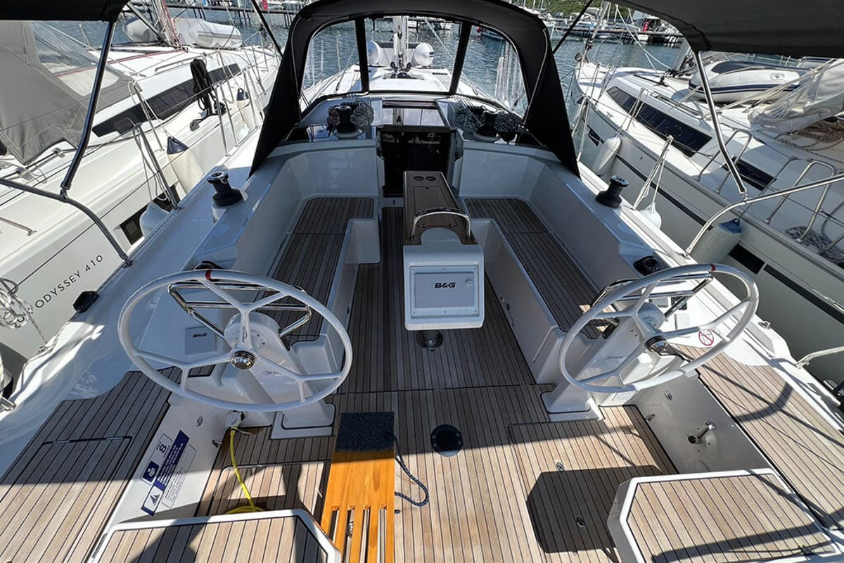 Cockpit of Moya, a Bavaria C38 sailboat at Split, Croatia