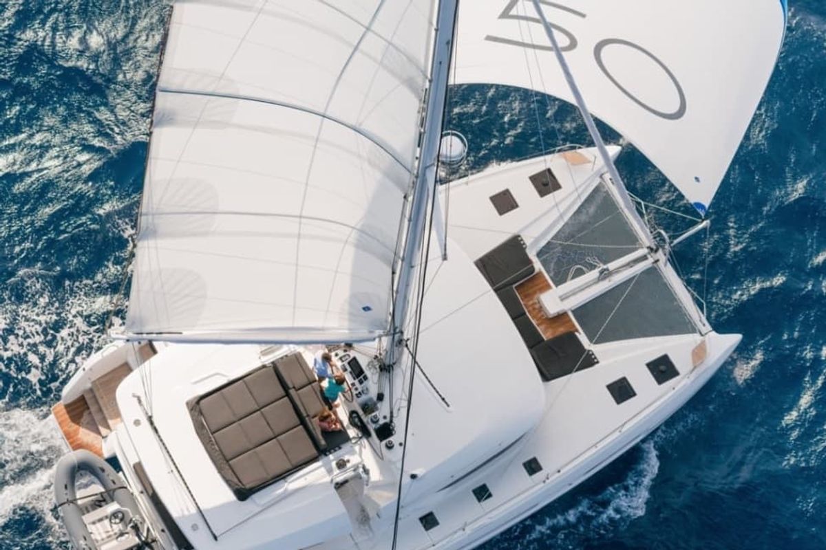 Exterior view of OHANA, a Lagoon 50 catamaran at Capo d'Orlando, Italy