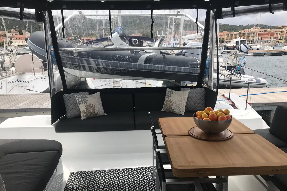 Deck of OHANA, a Lagoon 50 catamaran at Capo d'Orlando, Italy