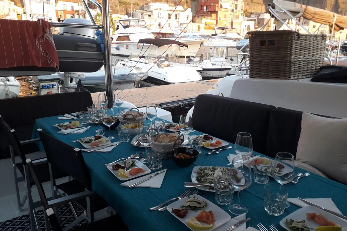 Deck of OHANA, a Lagoon 50 catamaran at Capo d'Orlando, Italy