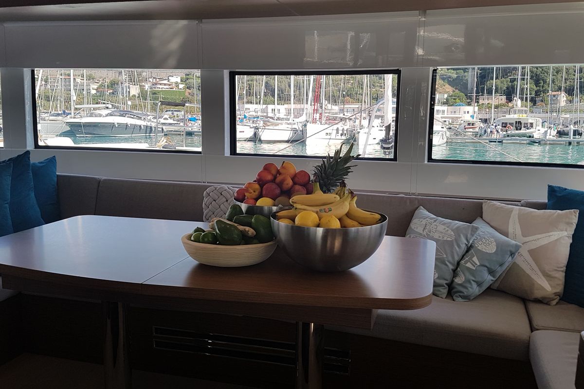 Salon of OHANA, a Lagoon 50 catamaran at Capo d'Orlando, Italy