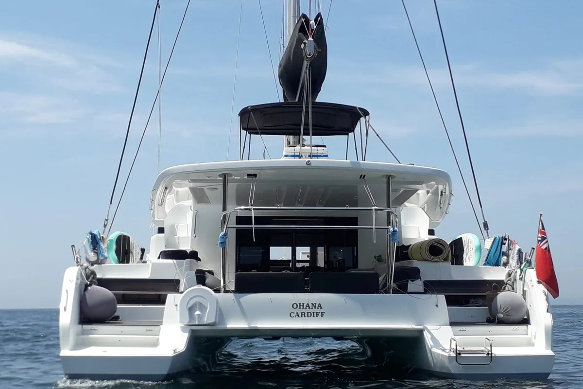 Exterior view of OHANA, a Lagoon 50 catamaran at Capo d'Orlando, Italy