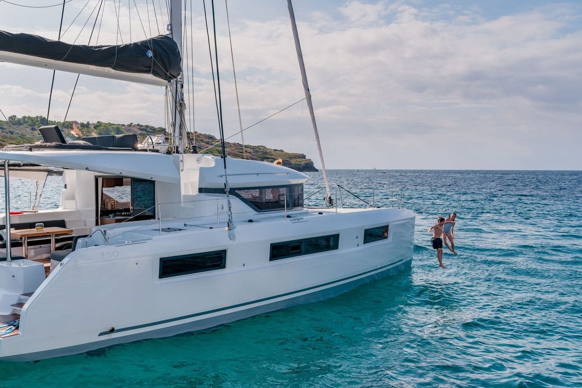 Exterior view of OHANA, a Lagoon 50 catamaran at Capo d'Orlando, Italy