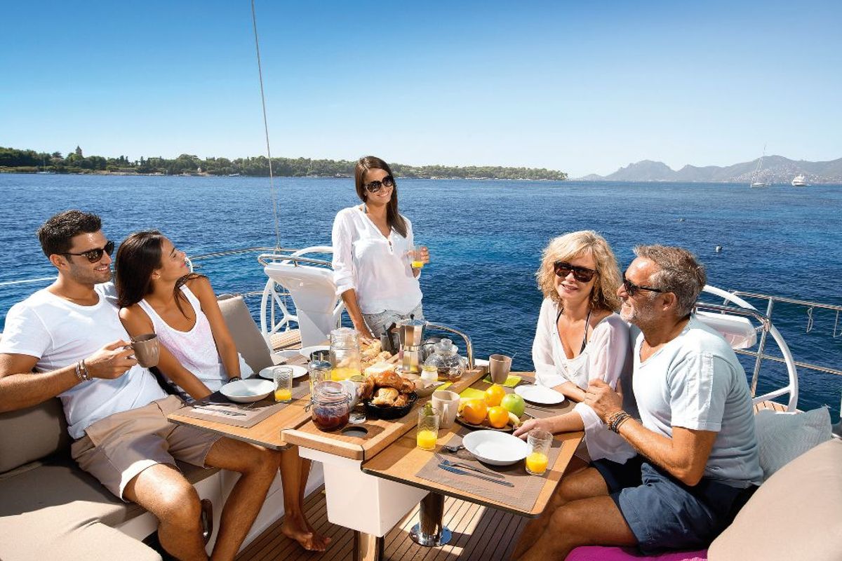 Deck of Coco, a Bavaria Cruiser 46 sailboat at Fethiye, Turkey