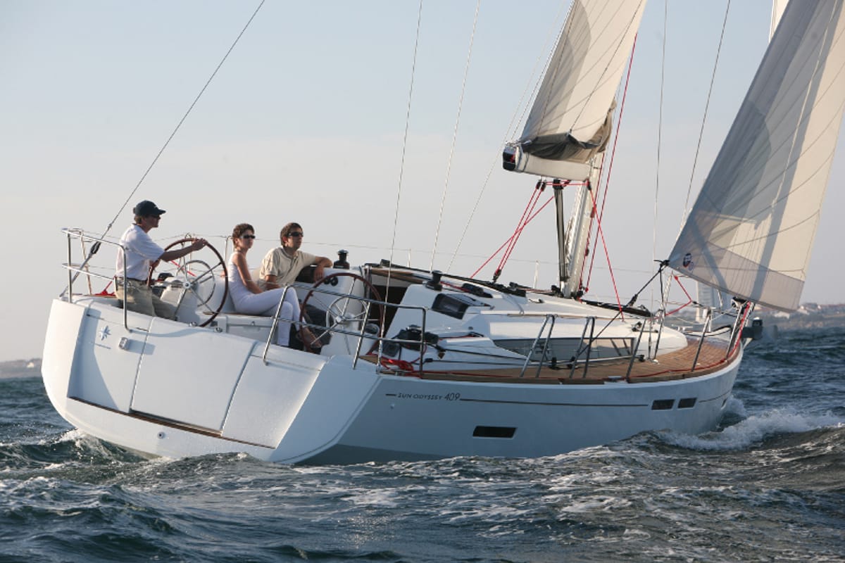 Exterior view of Oreia, a Jeanneau Sun Odyssey 409 sailboat at Kontokali, Greece