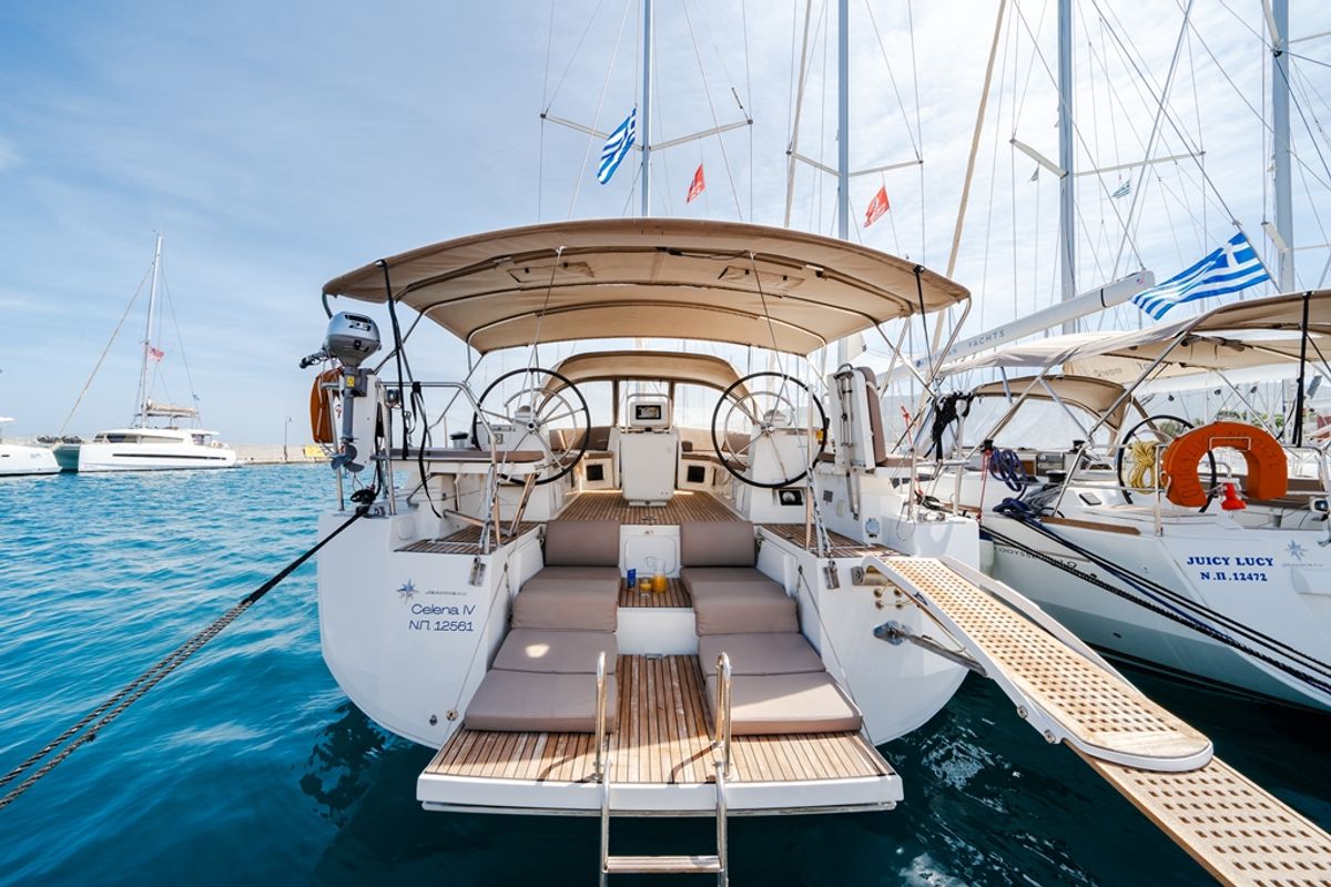 Deck of Celena IV, a Jeanneau 54 sailboat at Benitses, Greece