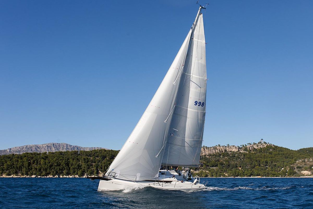 Exterior view of Bellissima, a Italia Yachts Italia 9.98 sailboat at Punat, Croatia