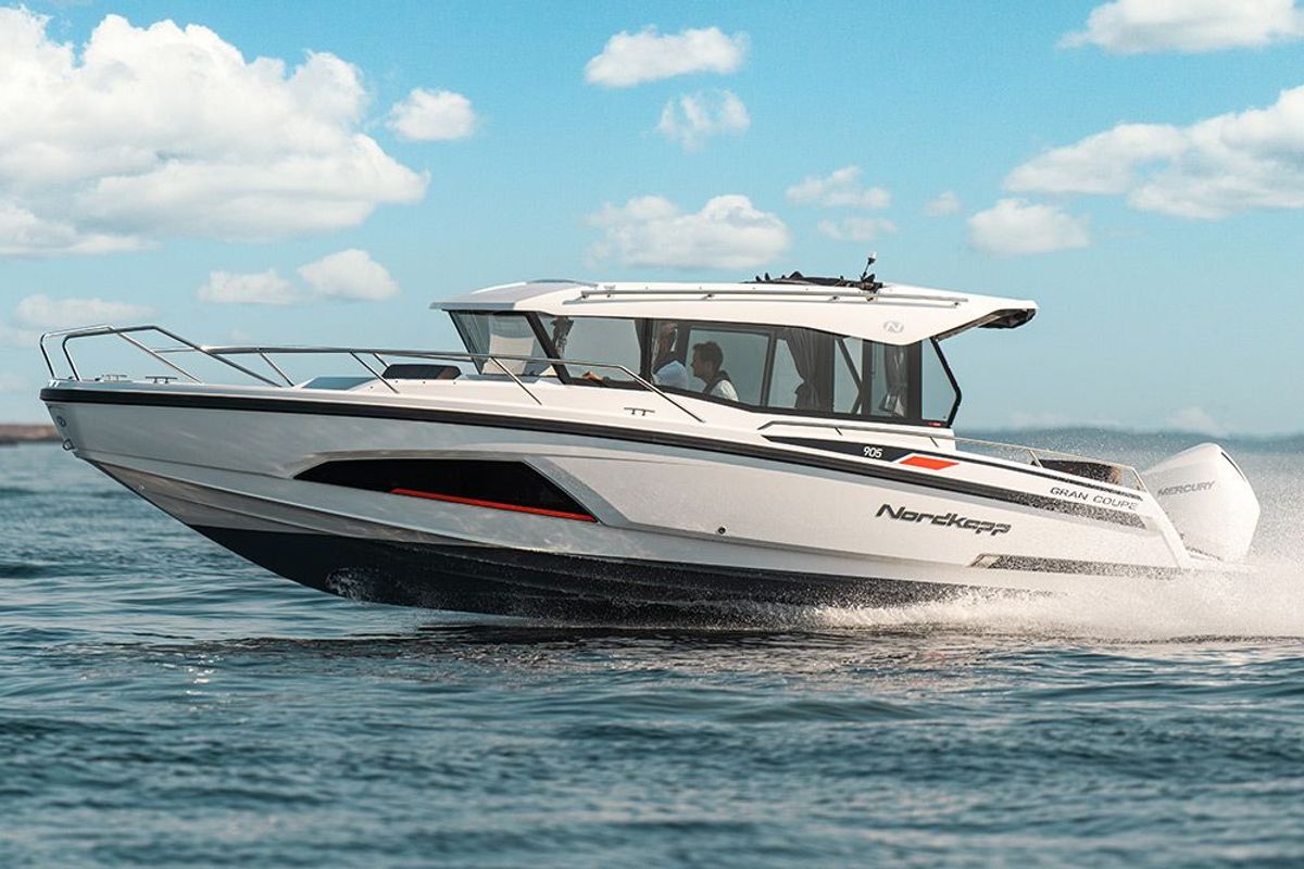 Exterior view of Sintaxion, a Nordkapp Coupe 905 motorboat at Municipal Unit of Elefsina, Greece