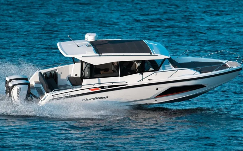 Exterior view of Sintaxion, a Nordkapp Coupe 905 motorboat at Municipal Unit of Elefsina, Greece