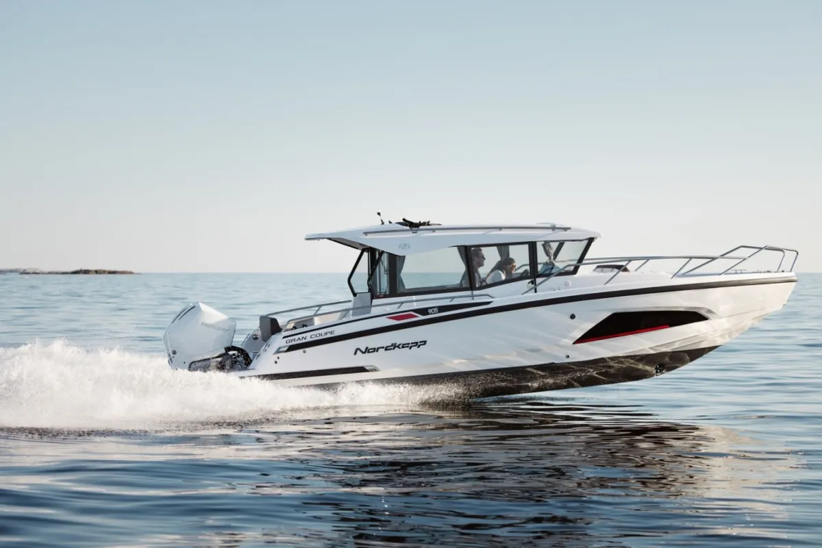 Exterior view of Sintaxion, a Nordkapp Coupe 905 motorboat at Municipal Unit of Elefsina, Greece