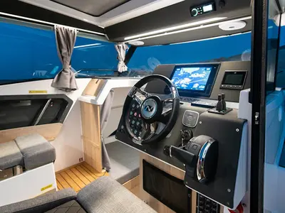 Cockpit of Sintaxion, a Nordkapp Coupe 905 motorboat at Municipal Unit of Elefsina, Greece