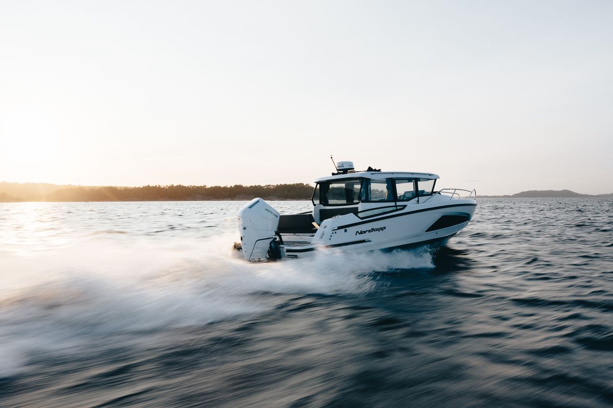 Exterior view of Sintaxion, a Nordkapp Coupe 905 motorboat at Municipal Unit of Elefsina, Greece