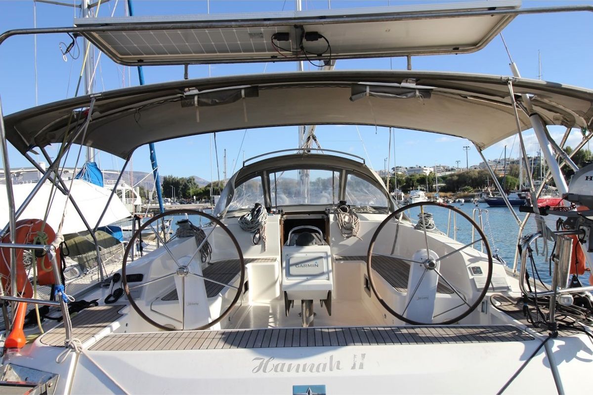 Cockpit of Hannah II, a Bavaria Cruiser 46 sailboat at Athens, Marina Delta Kallithea, Greece