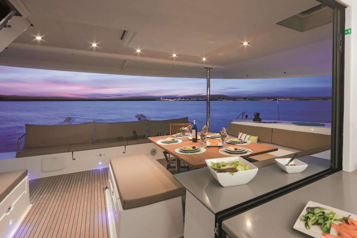 Deck of Princess Aphrodite, a Fountaine Pajot Saba 50 catamaran at Grad Trogir, Croatia