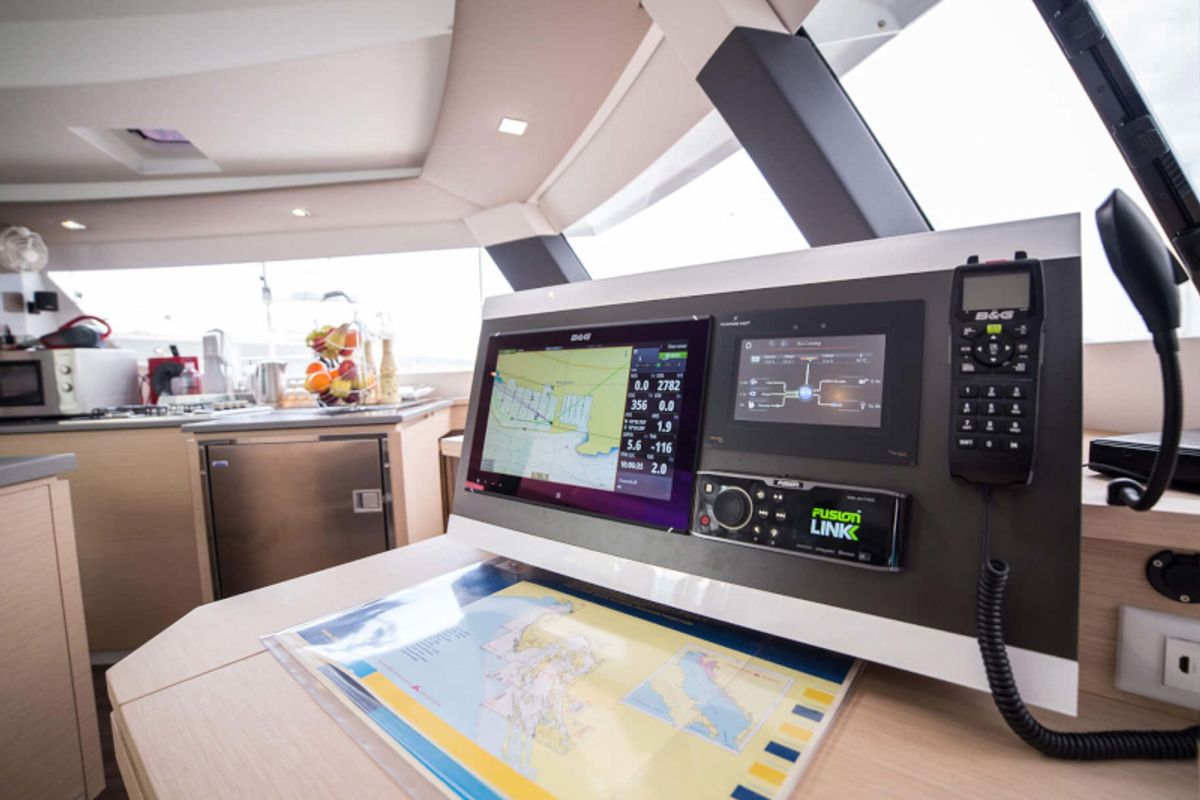 Cockpit of Princess Aphrodite, a Fountaine Pajot Saba 50 catamaran at Grad Trogir, Croatia