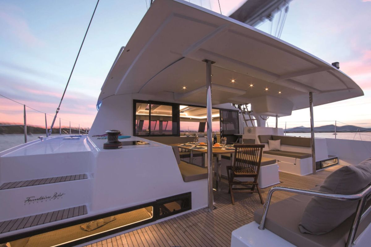 Deck of Princess Aphrodite, a Fountaine Pajot Saba 50 catamaran at Grad Trogir, Croatia