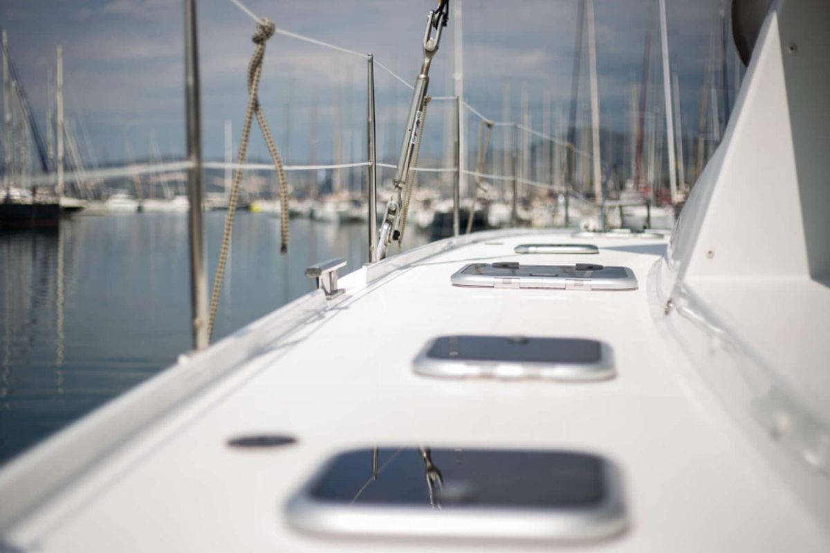 Deck of Princess Aphrodite, a Fountaine Pajot Saba 50 catamaran at Grad Trogir, Croatia