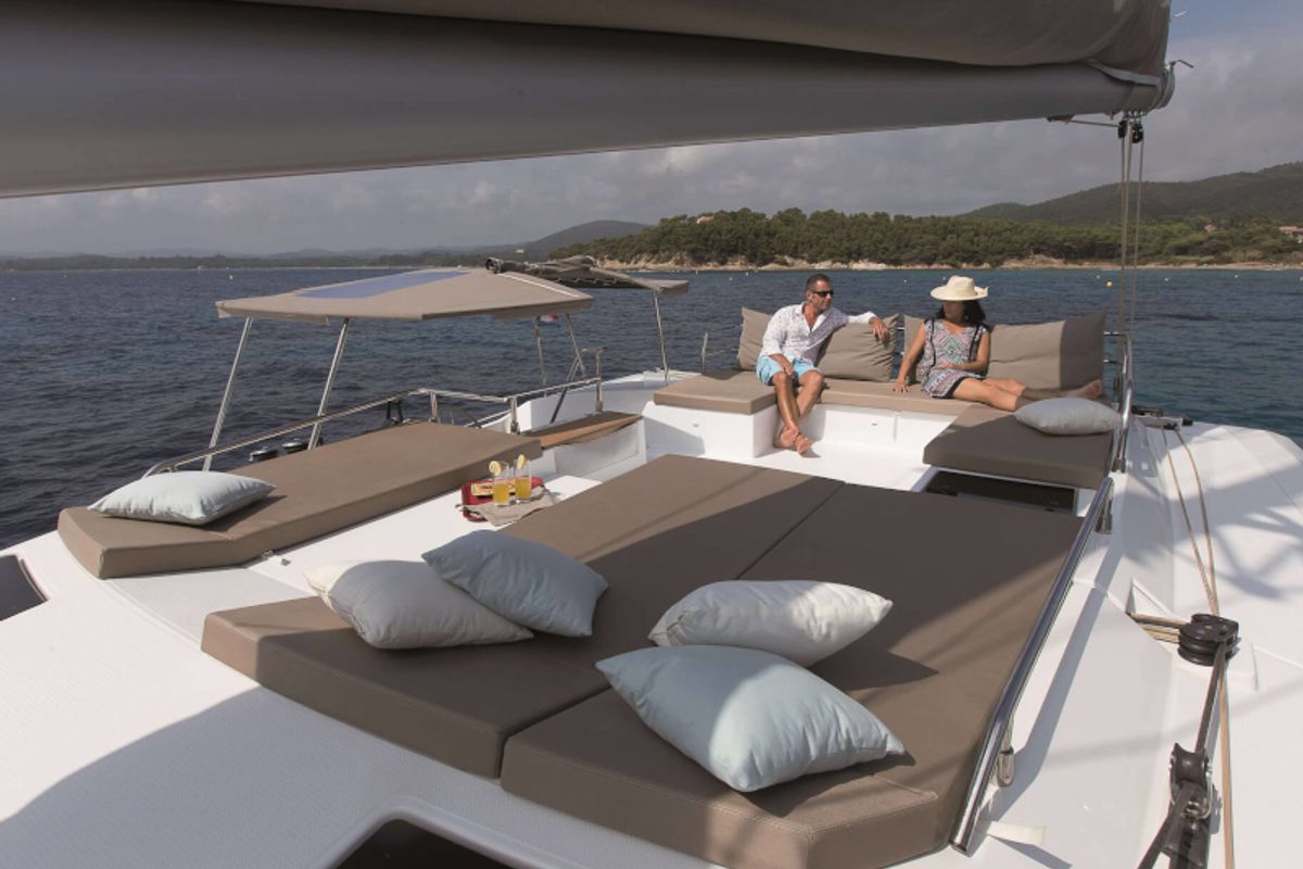 Deck of Princess Aphrodite, a Fountaine Pajot Saba 50 catamaran at Grad Trogir, Croatia