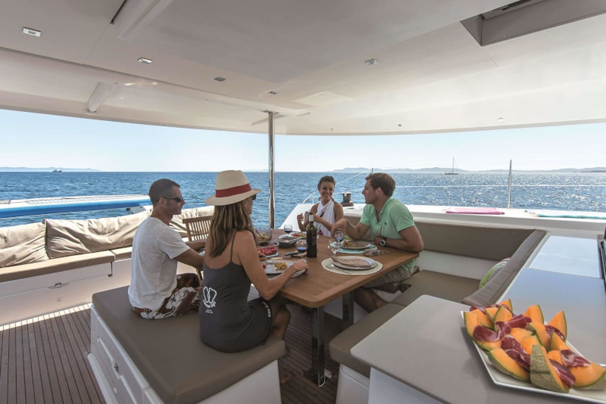 Deck of Princess Aphrodite, a Fountaine Pajot Saba 50 catamaran at Grad Trogir, Croatia