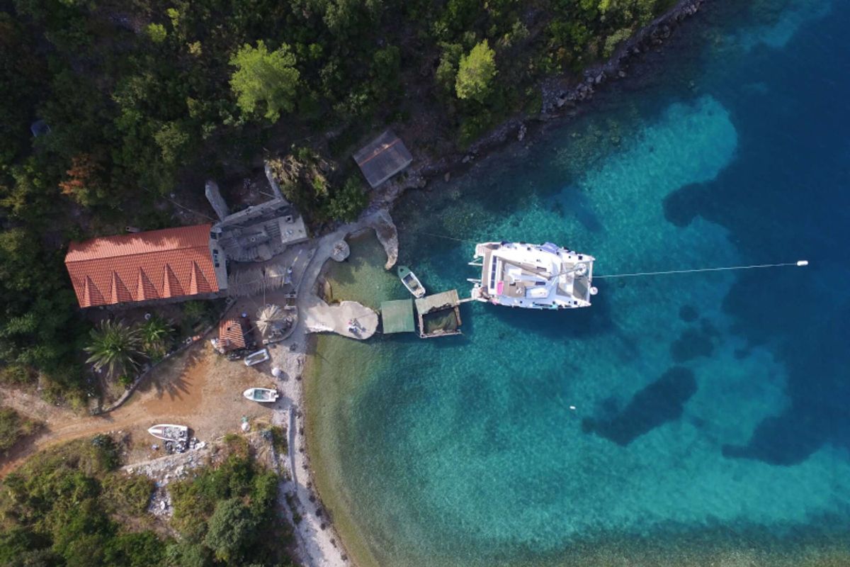Exterior view of Princess Aphrodite, a Fountaine Pajot Saba 50 catamaran at Grad Trogir, Croatia