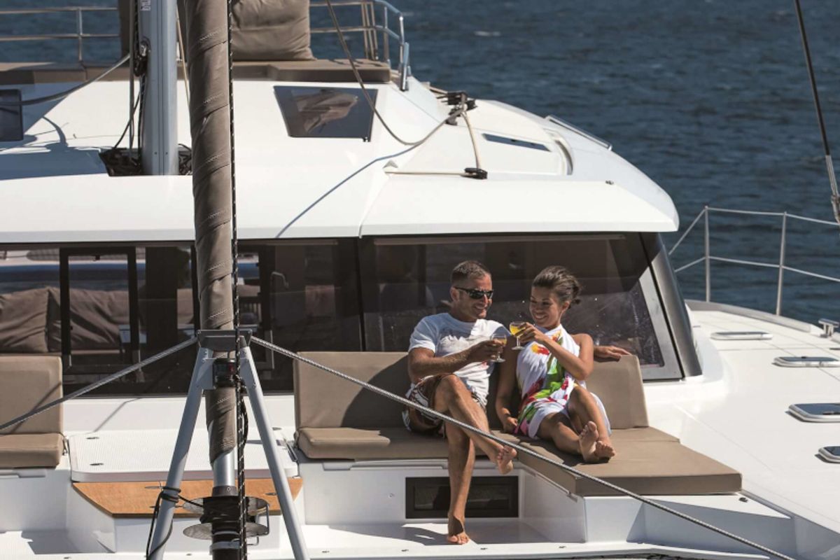 Deck of Princess Aphrodite, a Fountaine Pajot Saba 50 catamaran at Grad Trogir, Croatia