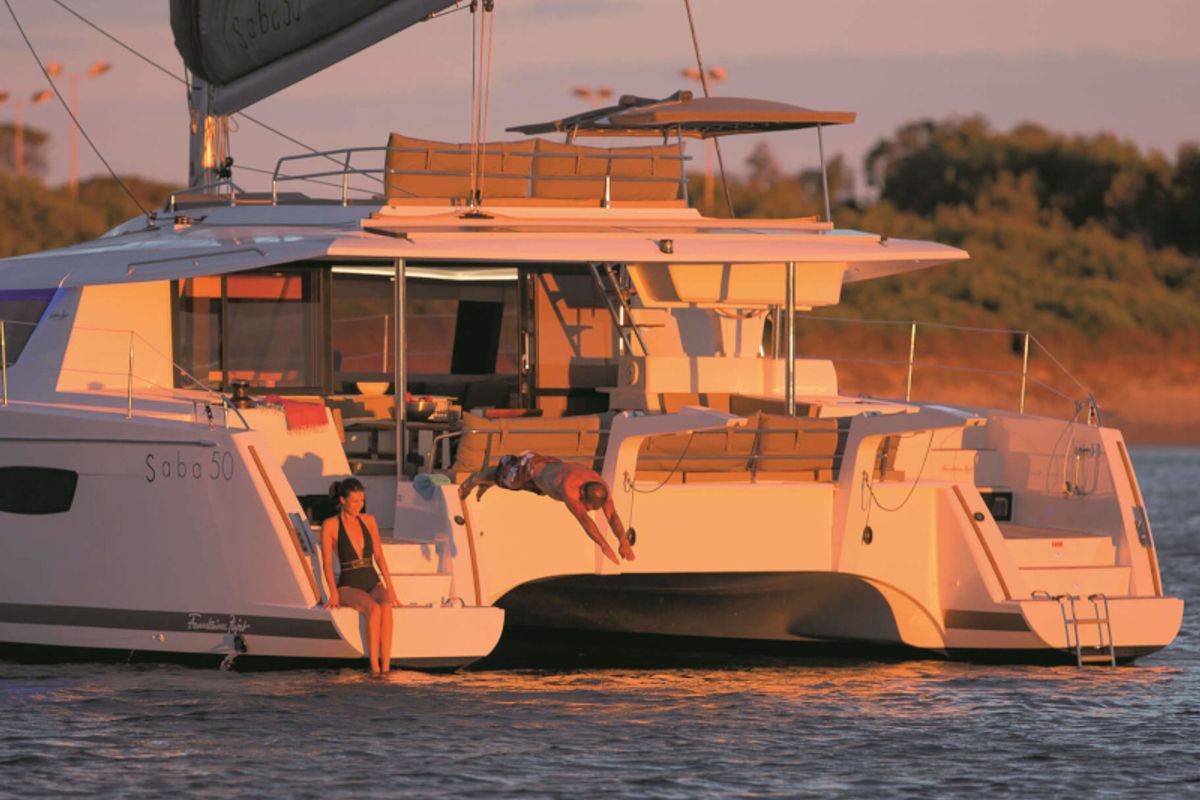 Exterior view of Princess Aphrodite, a Fountaine Pajot Saba 50 catamaran at Grad Trogir, Croatia