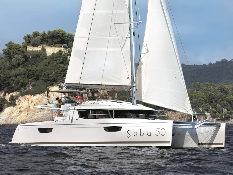 Exterior view of Princess Aphrodite, a Fountaine Pajot Saba 50 catamaran at Grad Trogir, Croatia